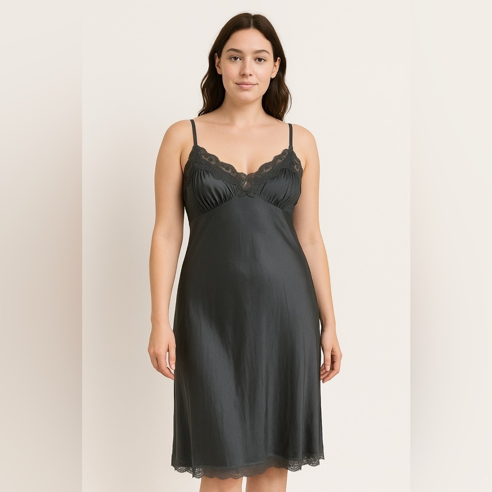 Vintage Slip Dress Gown Nightie Black Size Medium Lace Details Satin 90s Y2K 60s